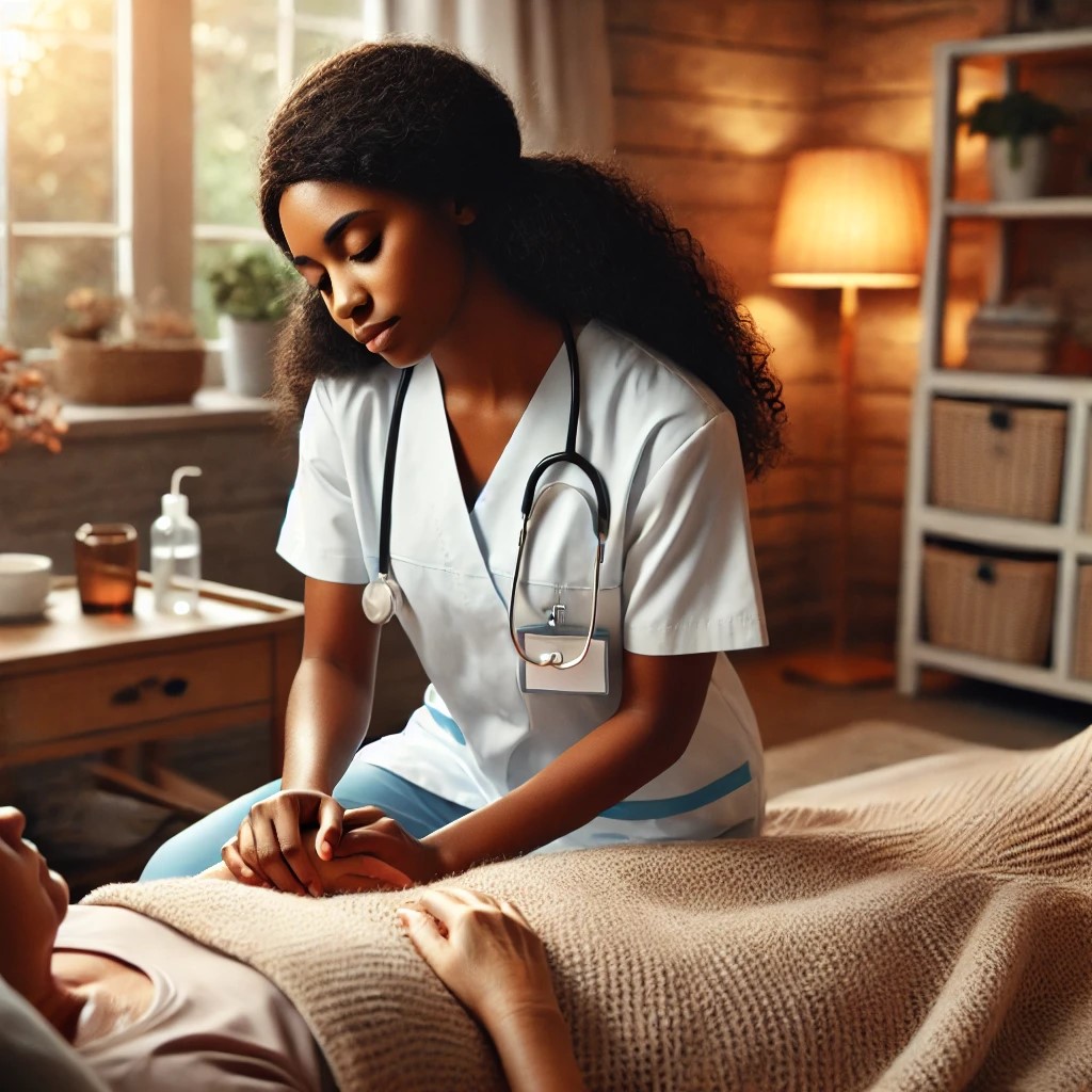 A nurse offering comfort and care to a very sick patient in bed, gently caressing their hand with empathy and support.