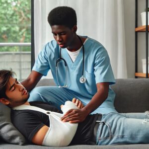 A male nurse providing supportive care to a man recovering from severe fractures, ensuring his comfort and well-being.